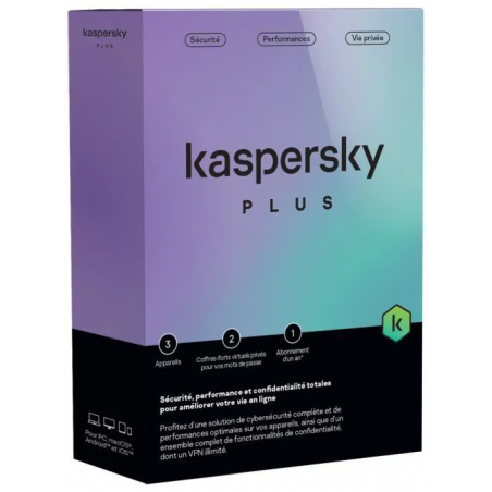 Référence KL10428BCFS-SLIMMAG Kaspersky Plus (équivalent à Internet Security) - 3 Postes / 1 an (KL10428BCFS-SLIMMAG)