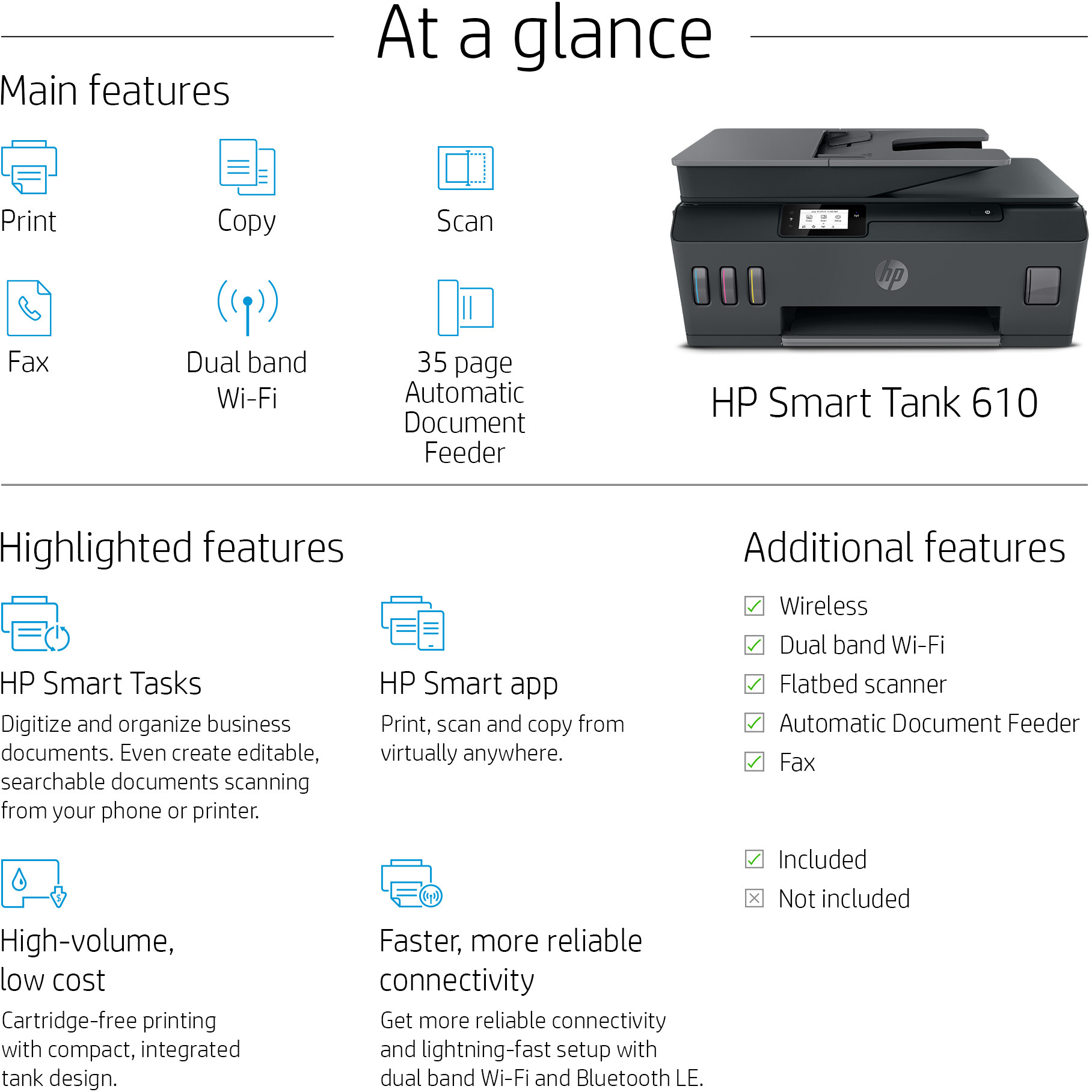 HP Smart Tank 615 Imprimante multifonction à réservoirs rechargeables (Y0F71A)