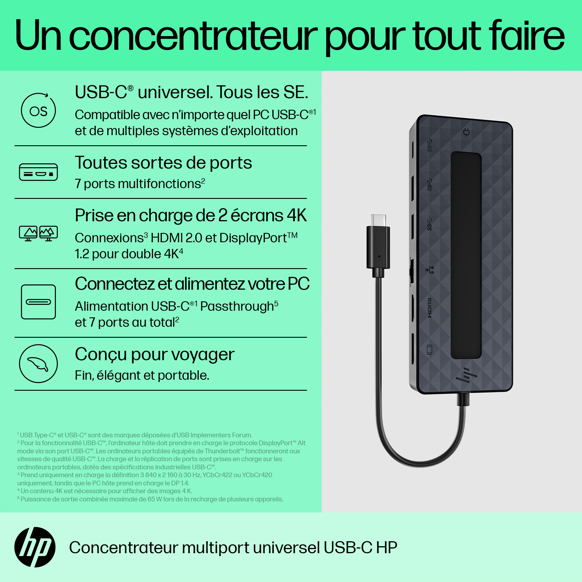 Hub USB-C HP 7 en 1 Supporte PD - Power Delivery (50H55AA)