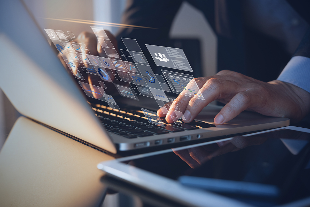 Business intelligence Digital technology, Business intelleigence, Key performance indicator, KPI concept. Businessman working on laptop computer at modern office with computer dashboard on virtual screen