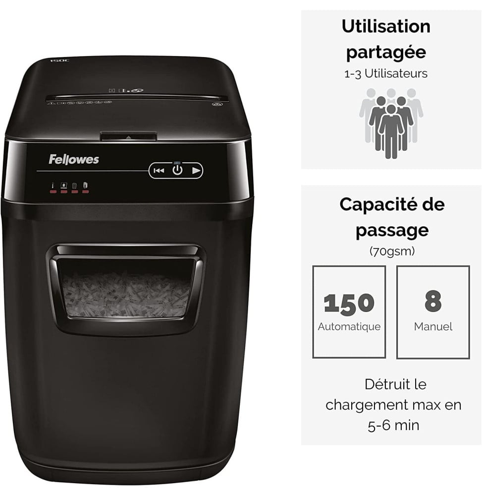 DESTRUCTEUR FELLOWES AUTOMAX™ 150C — SÉCURITÉ P-4 · 32 L · CHARGEUR AUTO 150 FEUILLES