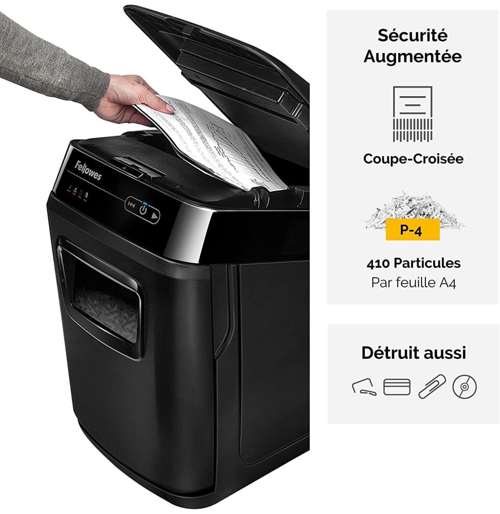 DESTRUCTEUR FELLOWES AUTOMAX™ 150C — SÉCURITÉ P-4 · 32 L · CHARGEUR AUTO 150 FEUILLES