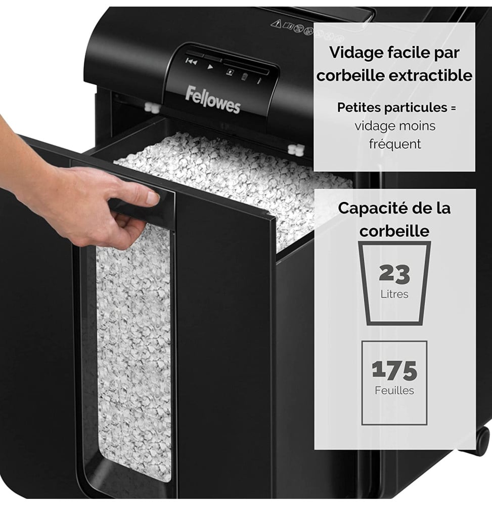 DESTRUCTEUR FELLOWES AUTOMAX™ 100M — SÉCURITÉ P-5 · 23 L · CHARGEUR AUTO 100 FEUILLES