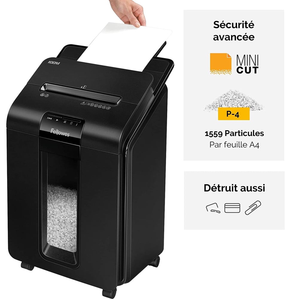 DESTRUCTEUR FELLOWES AUTOMAX™ 100M — SÉCURITÉ P-5 · 23 L · CHARGEUR AUTO 100 FEUILLES