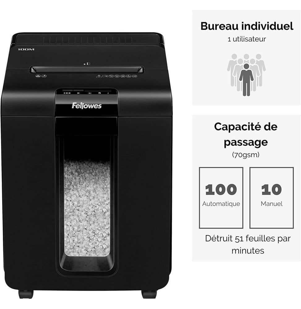 DESTRUCTEUR FELLOWES AUTOMAX™ 100M — SÉCURITÉ P-5 · 23 L · CHARGEUR AUTO 100 FEUILLES
