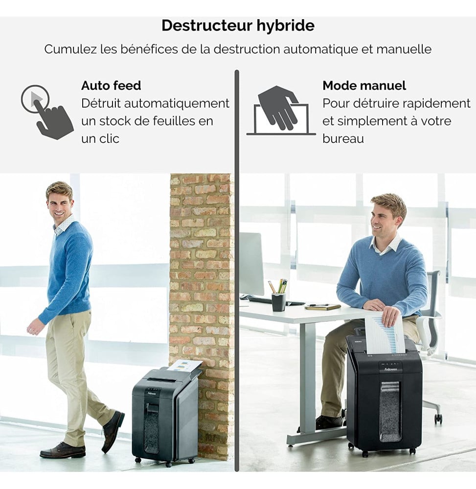 DESTRUCTEUR FELLOWES AUTOMAX™ 100M — SÉCURITÉ P-5 · 23 L · CHARGEUR AUTO 100 FEUILLES