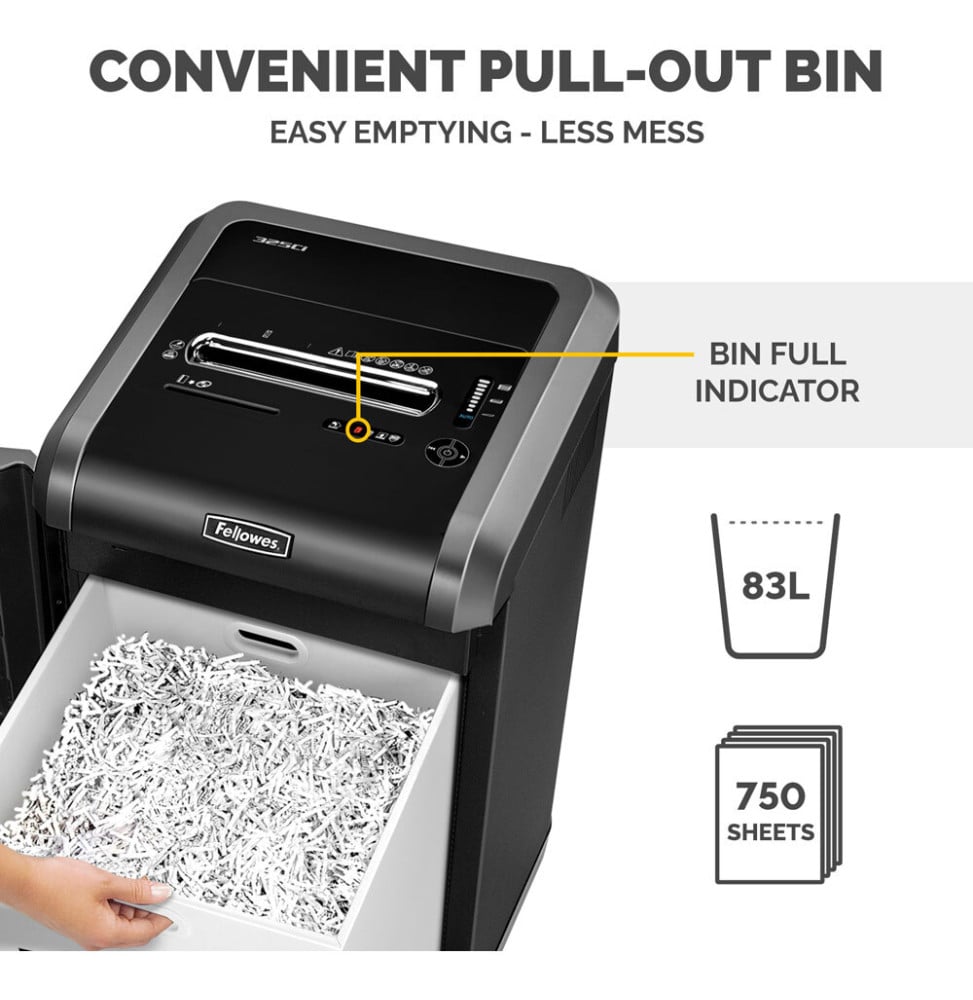 DESTRUCTEUR FELLOWES POWERSHRED® 325CI — SÉCURITÉ P-4 · 83 L · 24 FEUILLES/PASSAGE