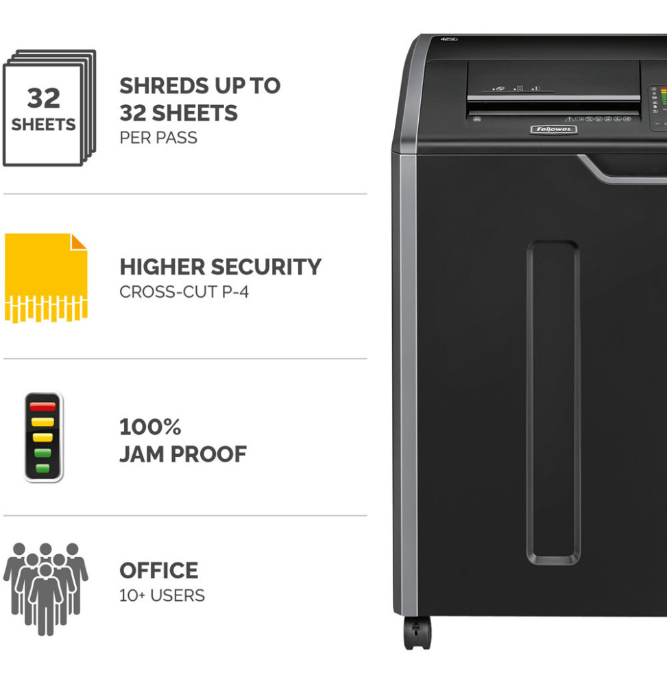DESTRUCTEUR FELLOWES POWERSHRED® 425CI — SÉCURITÉ P-4 · 114 L · 32 FEUILLES/PASSAGE