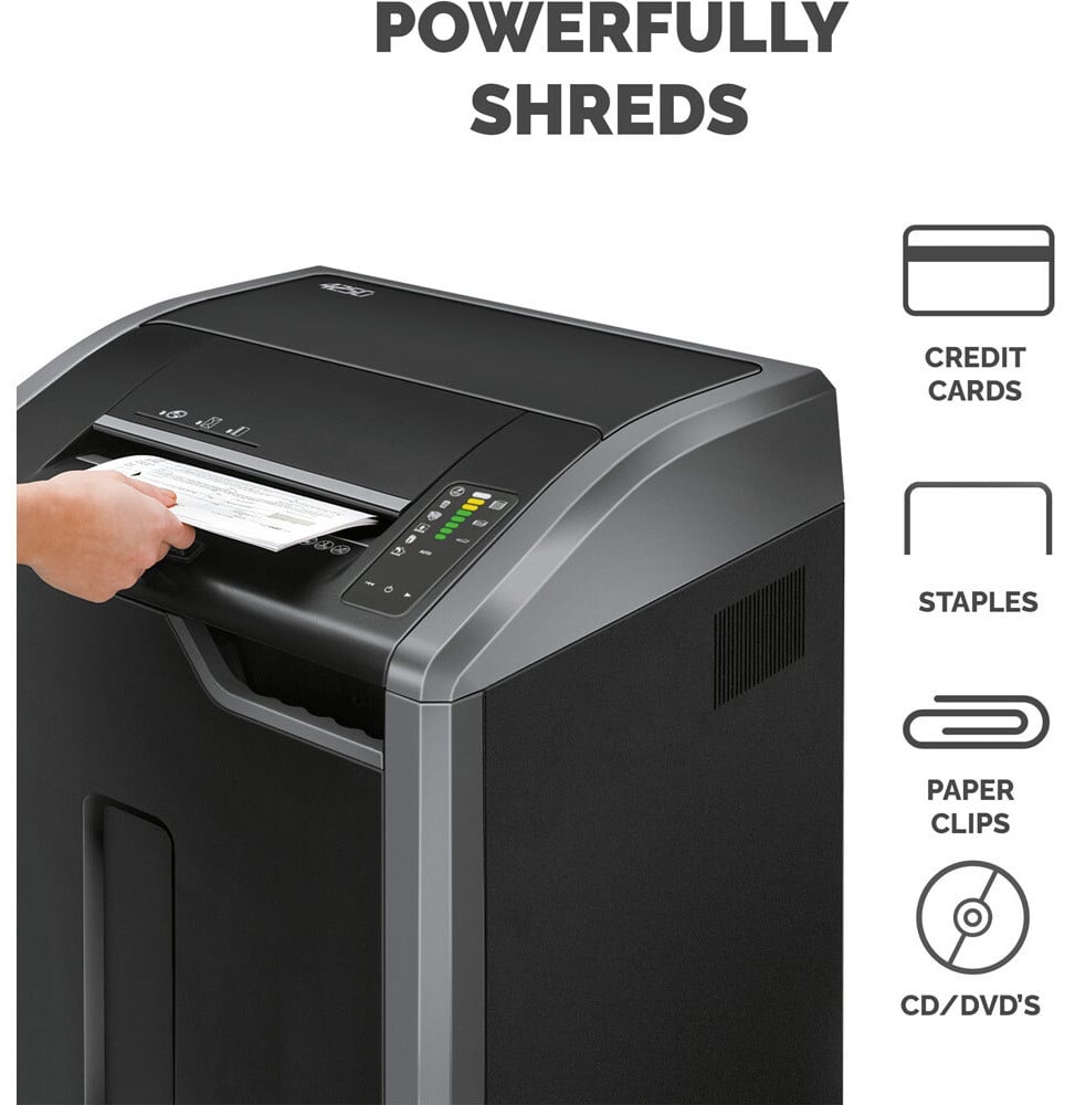 DESTRUCTEUR FELLOWES POWERSHRED® 425CI — SÉCURITÉ P-4 · 114 L · 32 FEUILLES/PASSAGE