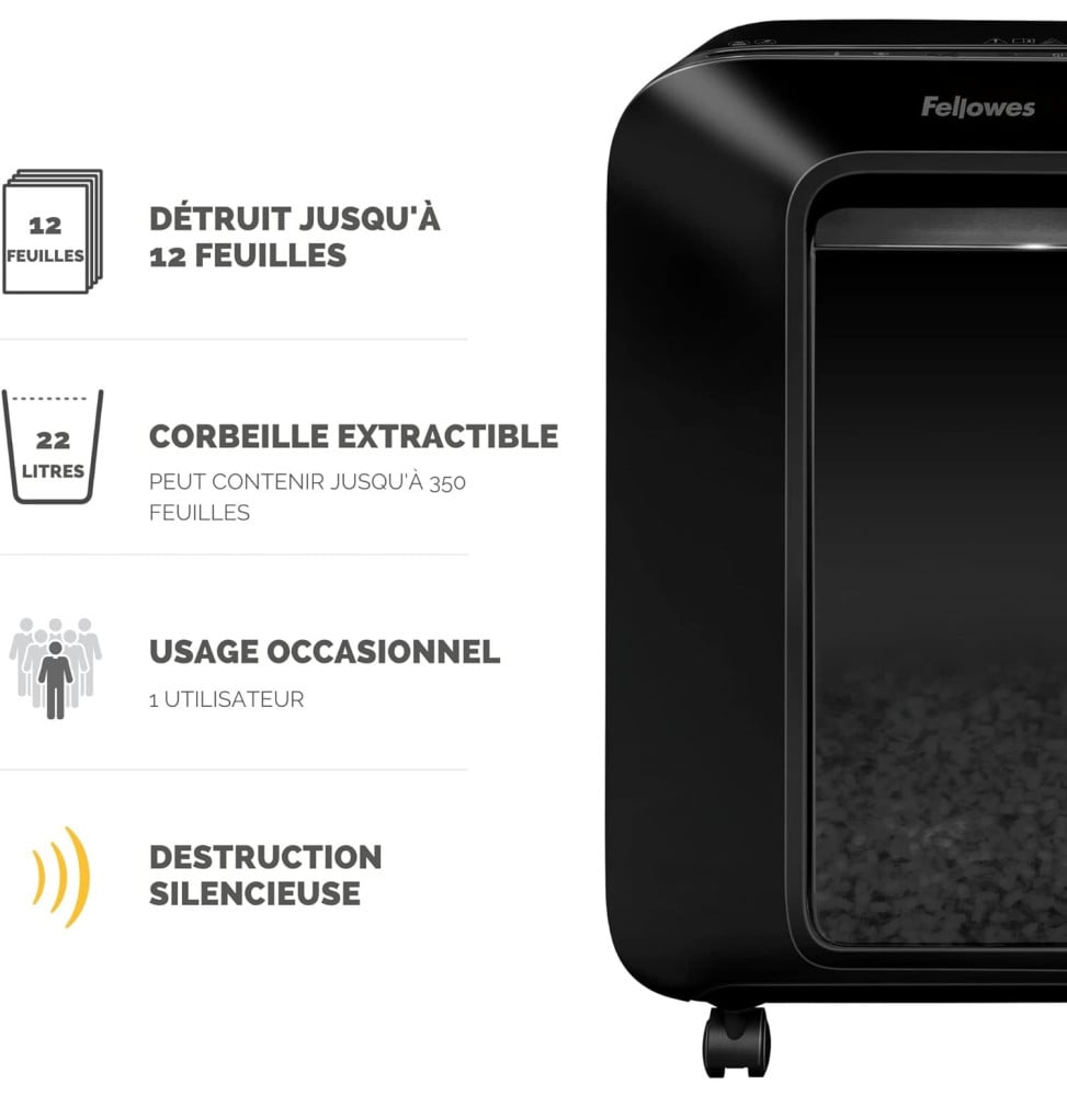 DESTRUCTEUR FELLOWES POWERSHRED® LX200 — SÉCURITÉ P-4 · 22 L · 12 FEUILLES/PASSAGE
