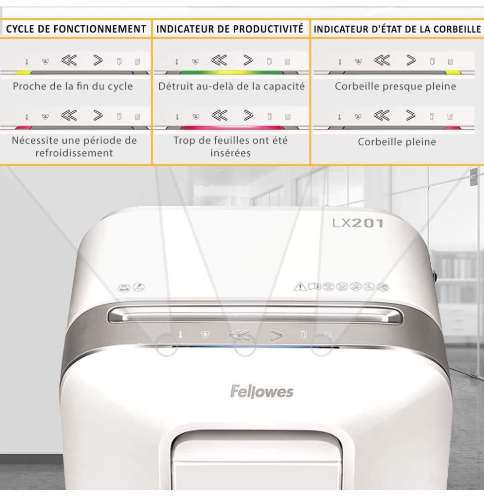 DESTRUCTEUR FELLOWES POWERSHRED® LX201 — SÉCURITÉ P-5 · 22 L · 12 FEUILLES/PASSAGE