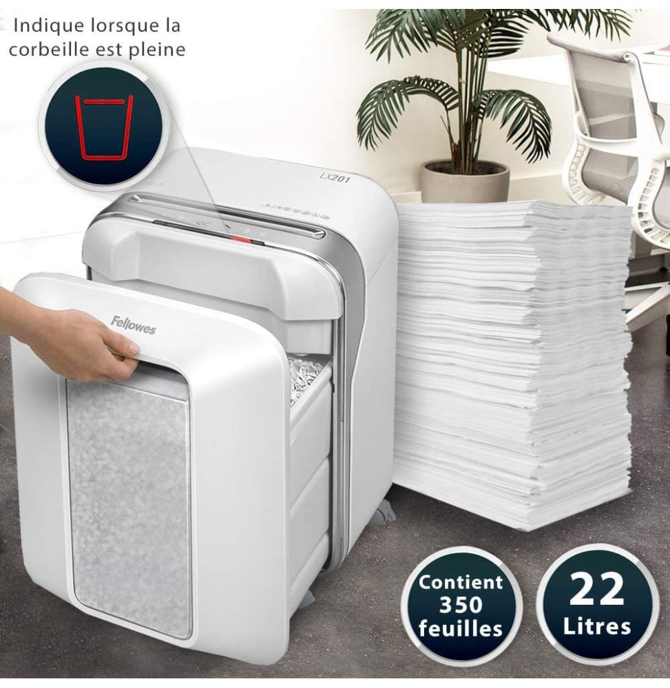 DESTRUCTEUR FELLOWES POWERSHRED® LX201 — SÉCURITÉ P-5 · 22 L · 12 FEUILLES/PASSAGE