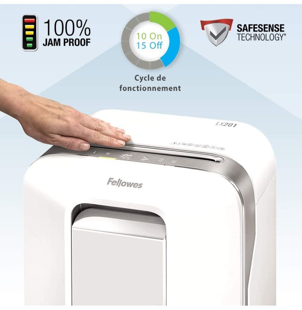 DESTRUCTEUR FELLOWES POWERSHRED® LX201 — SÉCURITÉ P-5 · 22 L · 12 FEUILLES/PASSAGE