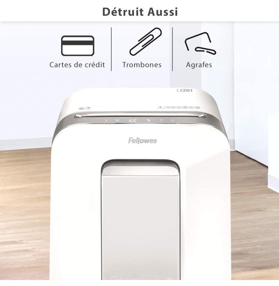 DESTRUCTEUR FELLOWES POWERSHRED® LX201 — SÉCURITÉ P-5 · 22 L · 12 FEUILLES/PASSAGE