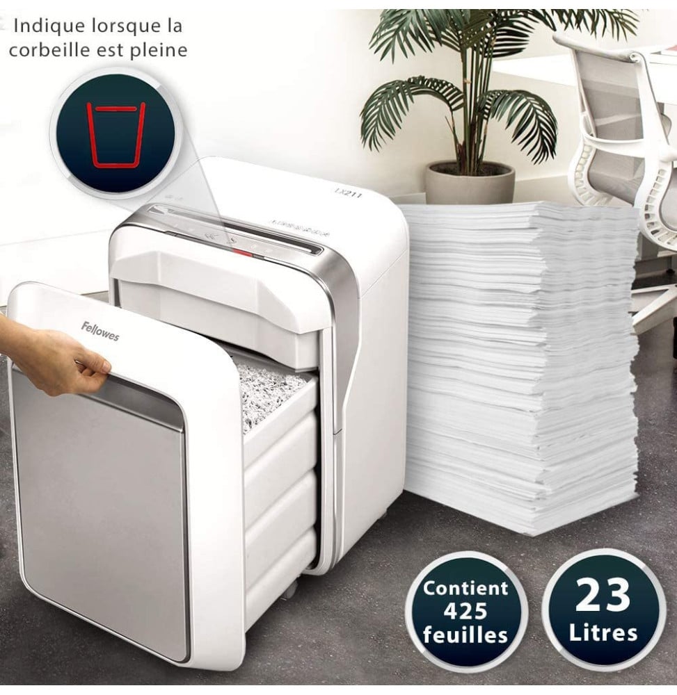 DESTRUCTEUR FELLOWES POWERSHRED® LX211 — SÉCURITÉ P-5 · 23 L · 15 FEUILLES/PASSAGE