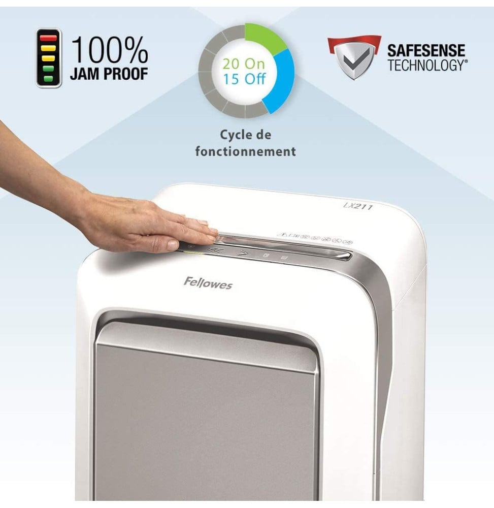 DESTRUCTEUR FELLOWES POWERSHRED® LX211 — SÉCURITÉ P-5 · 23 L · 15 FEUILLES/PASSAGE