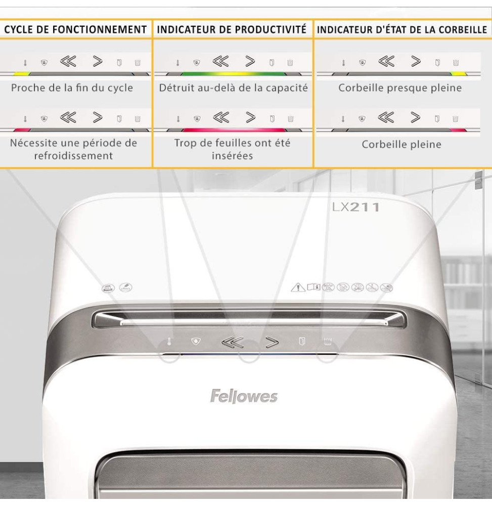 DESTRUCTEUR FELLOWES POWERSHRED® LX211 — SÉCURITÉ P-5 · 23 L · 15 FEUILLES/PASSAGE