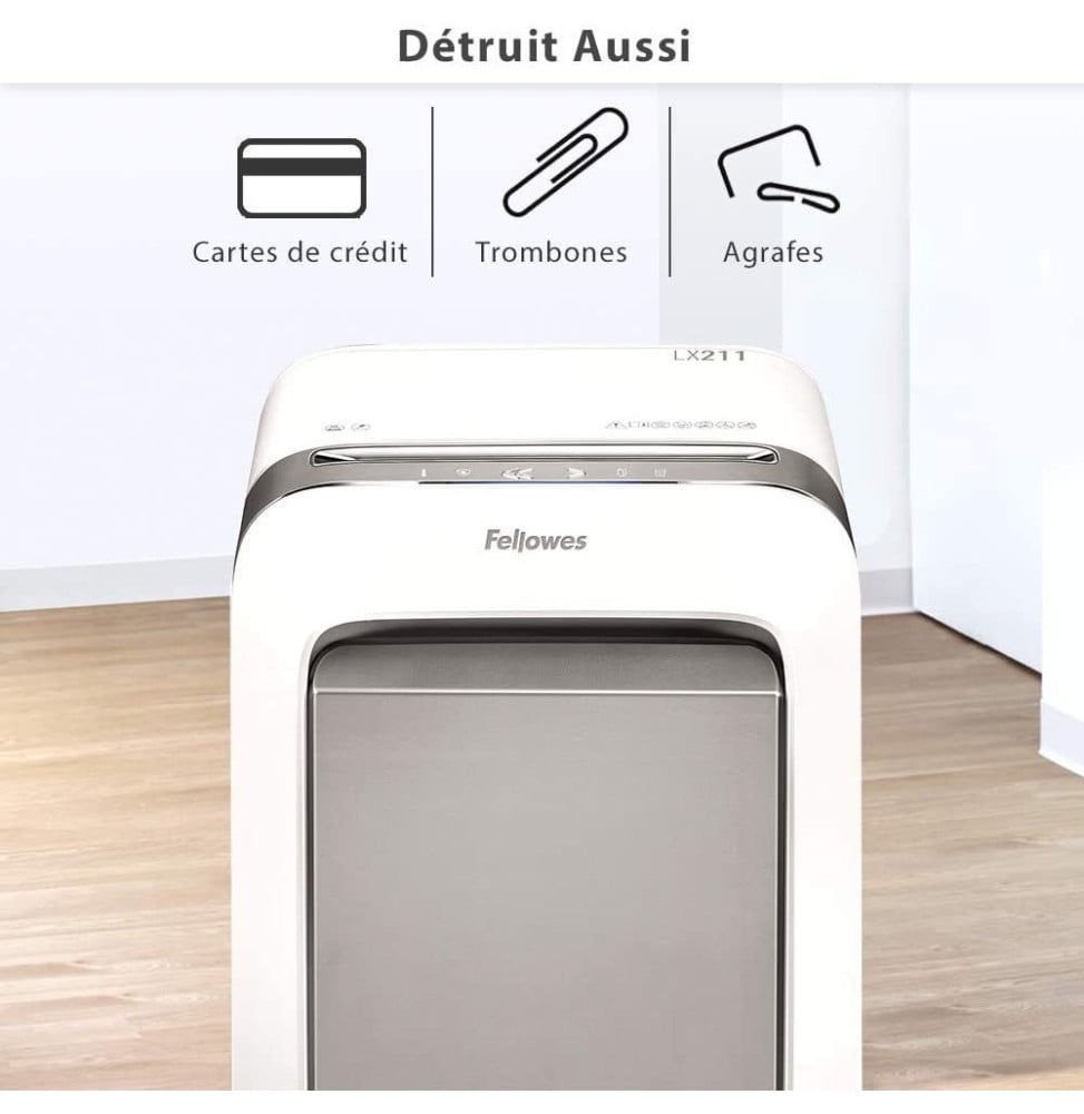 DESTRUCTEUR FELLOWES POWERSHRED® LX211 — SÉCURITÉ P-5 · 23 L · 15 FEUILLES/PASSAGE
