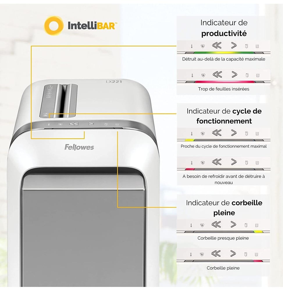 DESTRUCTEUR FELLOWES POWERSHRED® LX221 — SÉCURITÉ P-5 · 30 L · 20 FEUILLES/PASSAGE