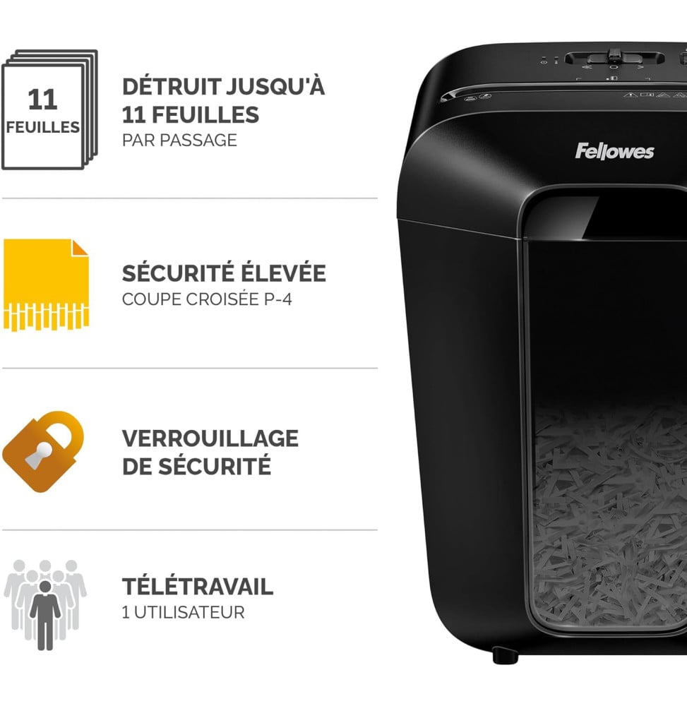 DESTRUCTEUR FELLOWES POWERSHRED® LX70 — SÉCURITÉ P-4 · 18 L · 11 FEUILLES/PASSAGE