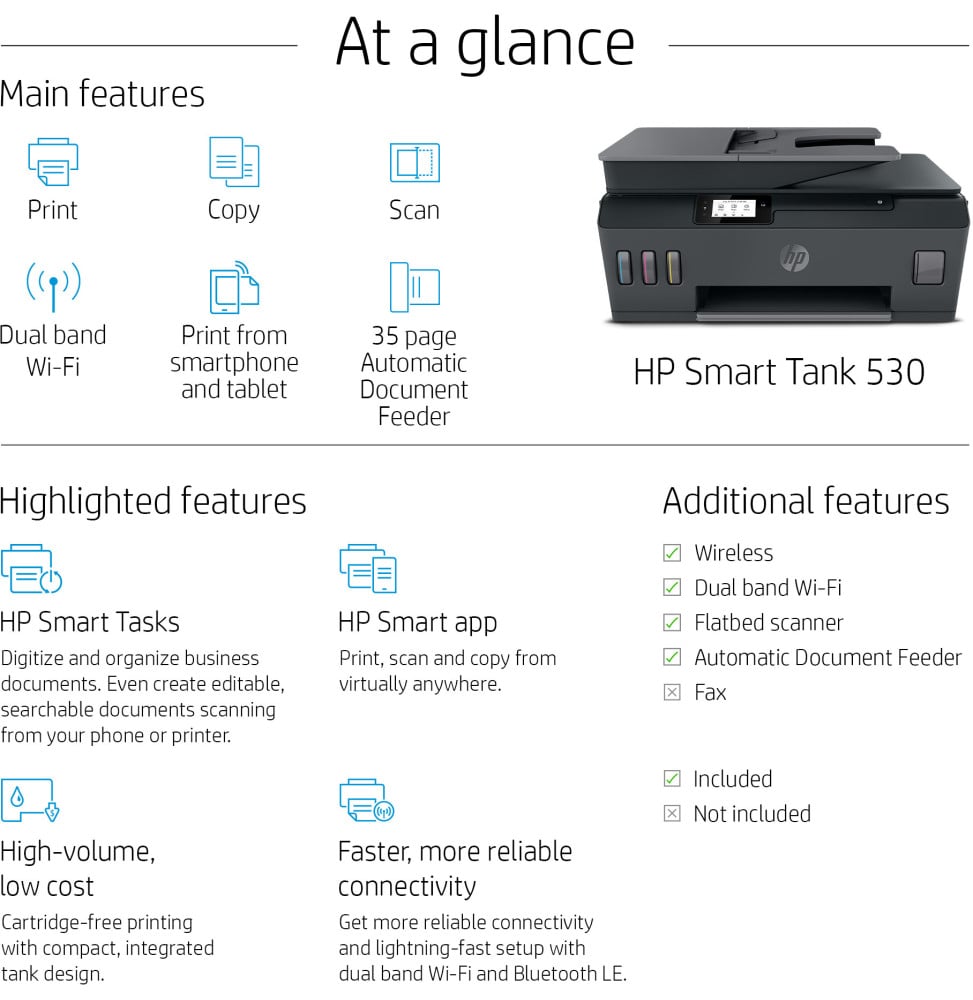HP SMART TANK 530 IMPRIMANTE MULTIFONCTION À RÉSERVOIRS RECHARGEABLES (4SB24A)