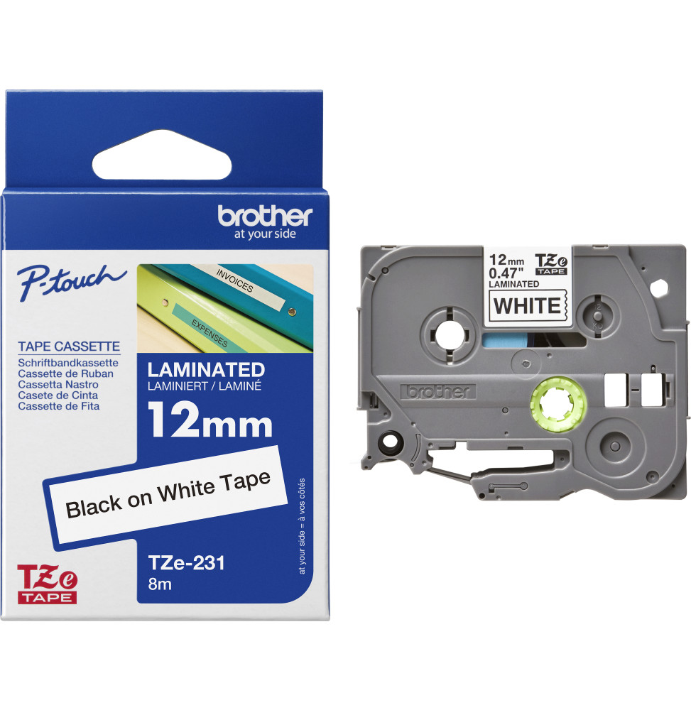 CASSETTE À RUBAN BROTHER TZE-231 - NOIR SUR BLANC, 12 MM DE LARGE / 8 M DE LONG