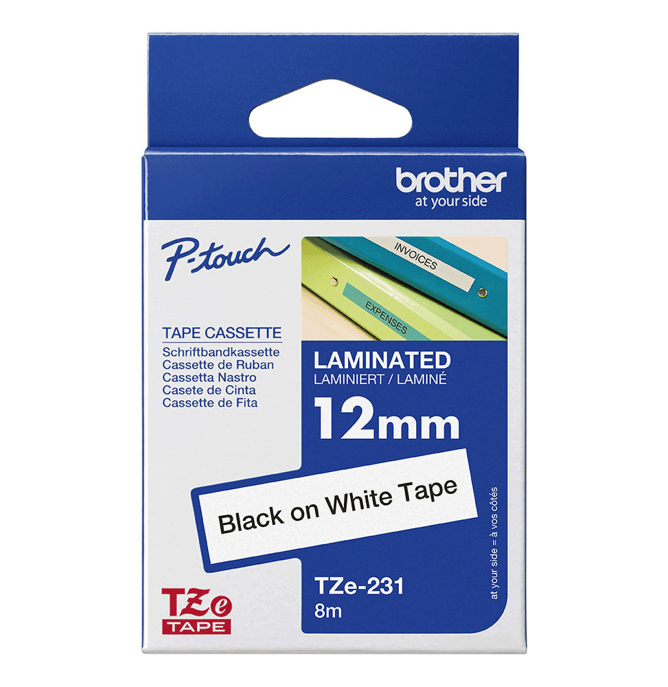 CASSETTE À RUBAN BROTHER TZE-231 - NOIR SUR BLANC, 12 MM DE LARGE / 8 M DE LONG