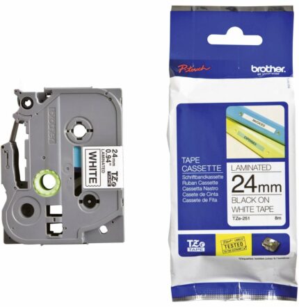 CASSETTE À RUBAN BROTHER TZE-251 - NOIR SUR BLANC, 24 MM DE LARGE / 8 M DE LONG