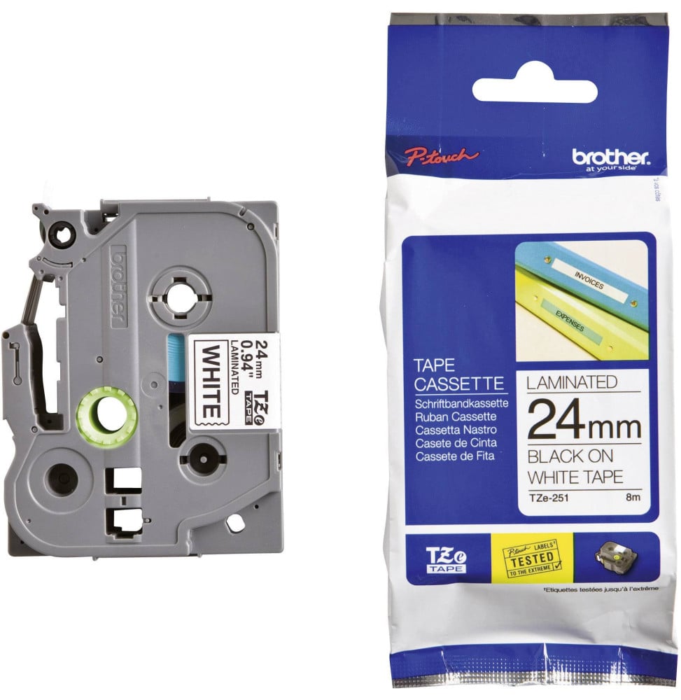 CASSETTE À RUBAN BROTHER TZE-251 - NOIR SUR BLANC, 24 MM DE LARGE / 8 M DE LONG