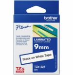CASSETTE À RUBAN BROTHER TZE-221 - NOIR SUR BLANC, 9 MM DE LARGE / 8 M DE LONG