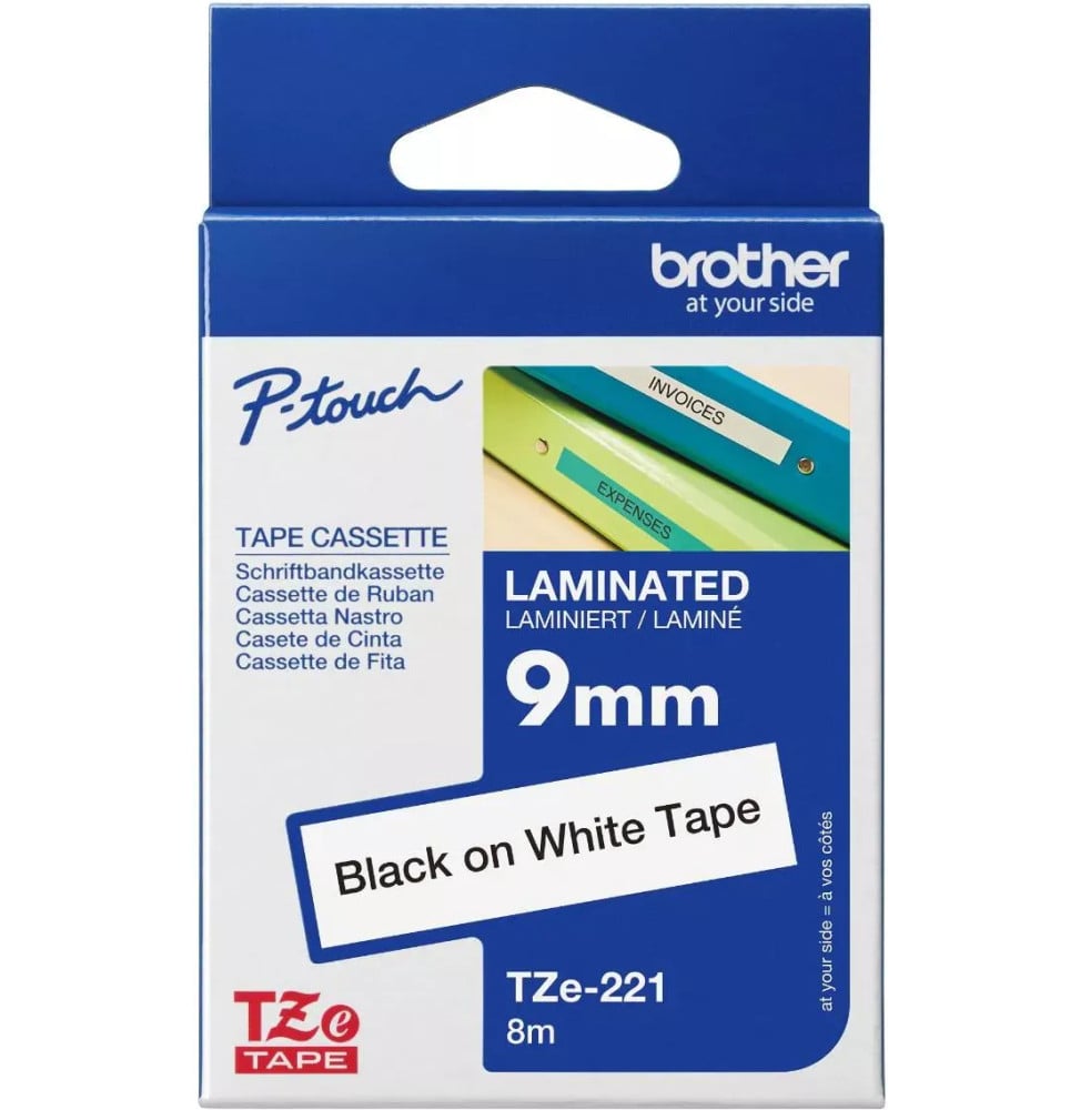 CASSETTE À RUBAN BROTHER TZE-221 - NOIR SUR BLANC, 9 MM DE LARGE / 8 M DE LONG