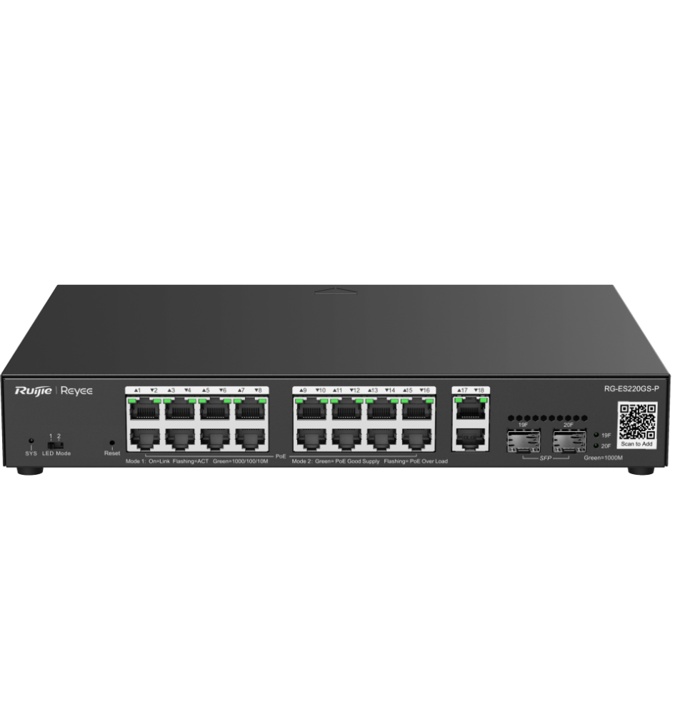 SWITCH ADMINISTRABLE REYEE RG-ES220GS-P 20 PORTS - 16 POE+ / 2SFP 250W