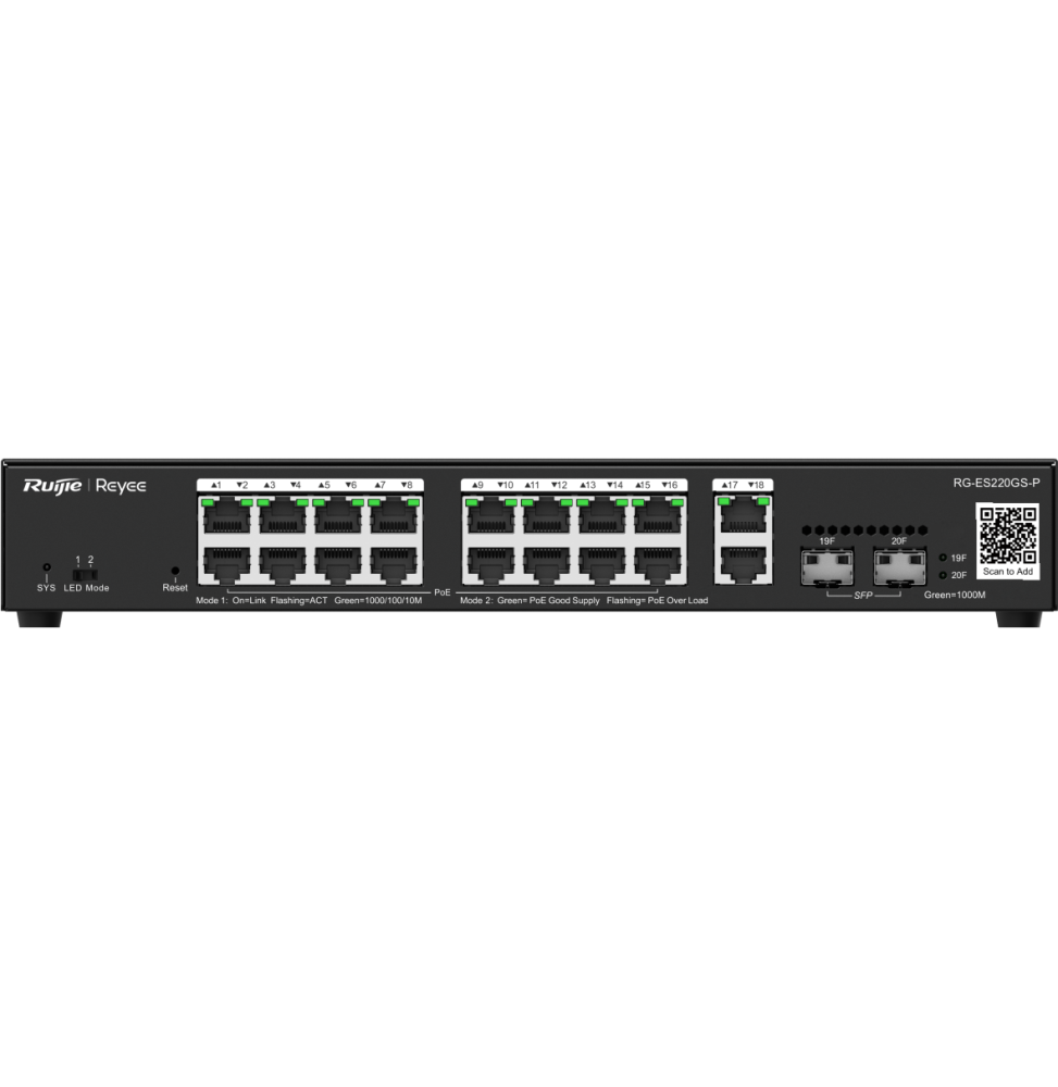 SWITCH ADMINISTRABLE REYEE RG-ES220GS-P 20 PORTS - 16 POE+ / 2SFP 250W